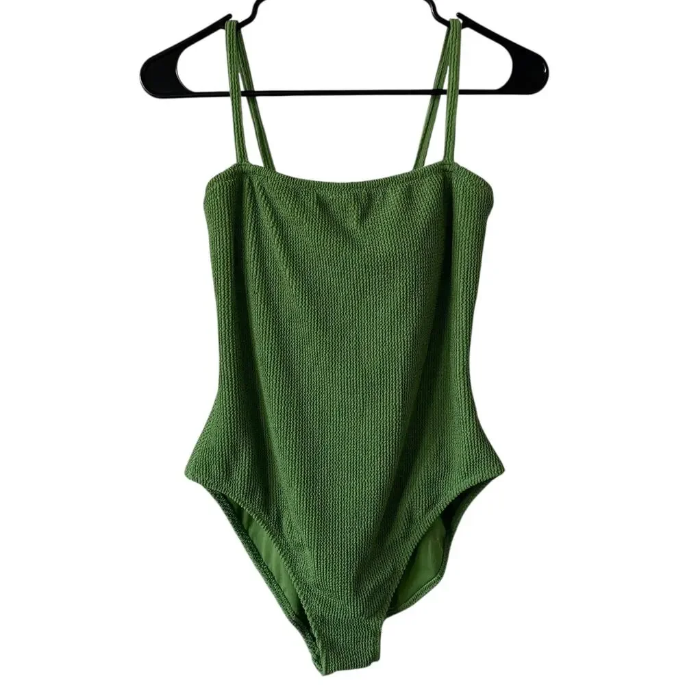 NEW SHADE & SHORE Green One Piece Swim Suit Crinkle Knit Size Medium Adjustable